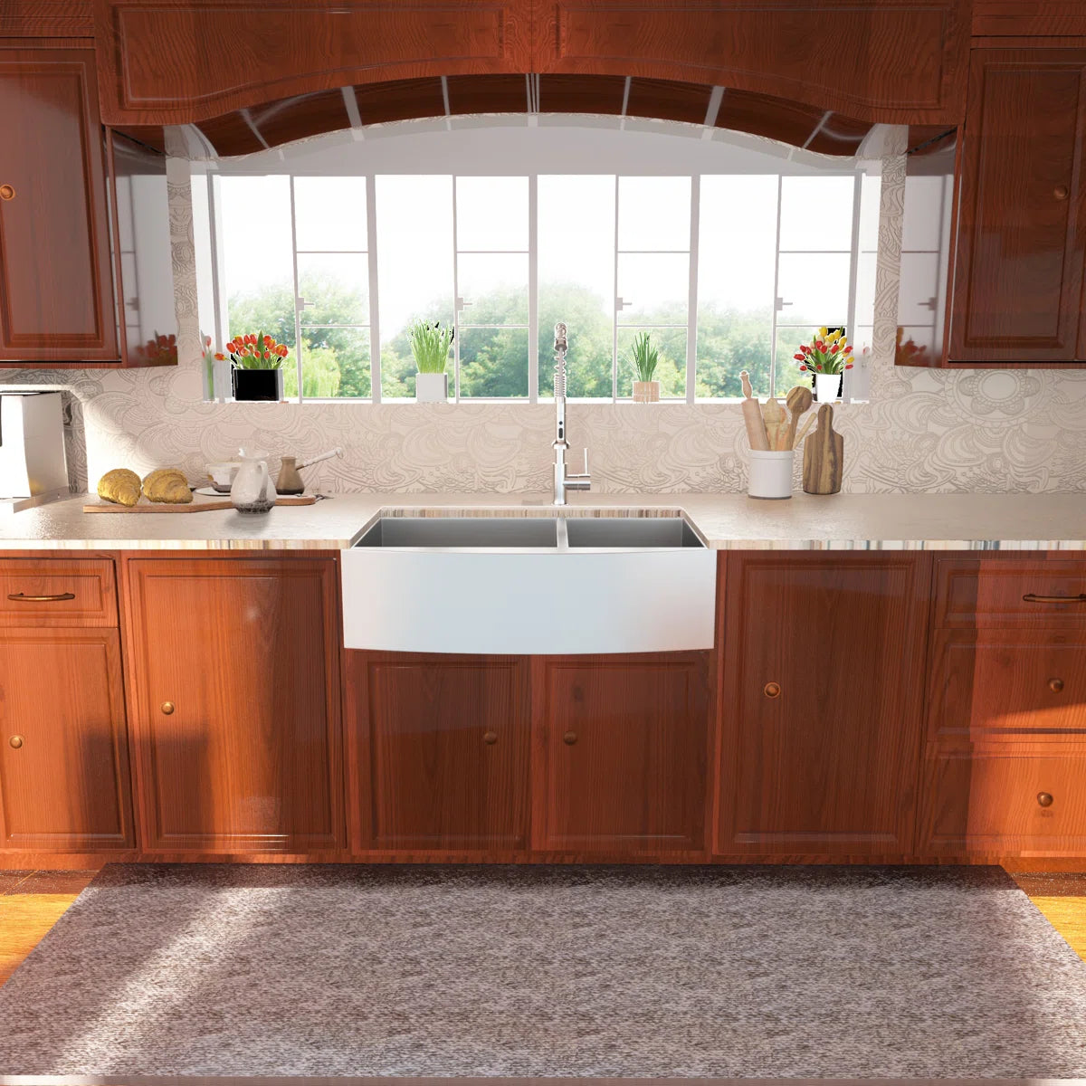 Lordear Modern kitchen with wooden cabinets, a white farmhouse sink, and large windows.