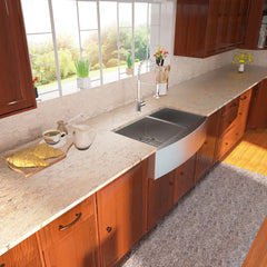Lordear Modern kitchen with wooden cabinets, granite countertop, and stainless steel sink.