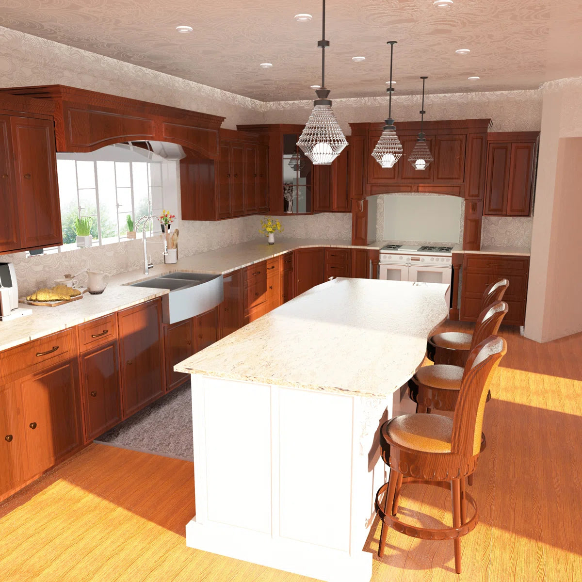 Lordear Modern kitchen with wooden cabinets, island, and bar stools.