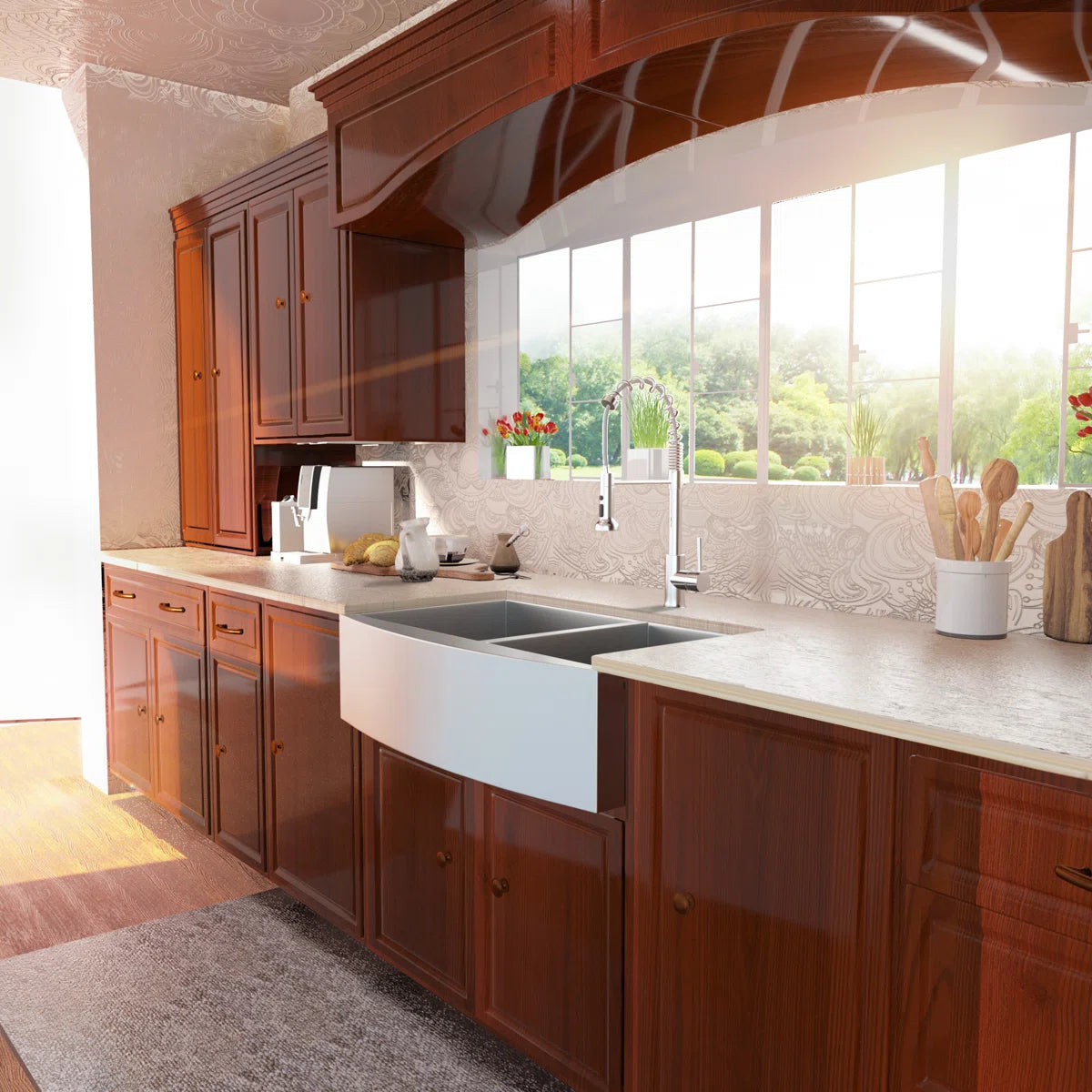 Lordear Modern kitchen with wooden cabinets, white countertop, and large window.