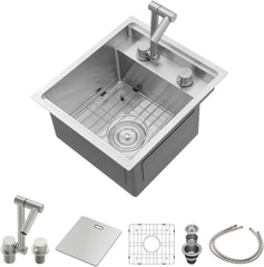 Lordear Stainless steel kitchen sink set with faucet, cutting board, and accessories on a white background