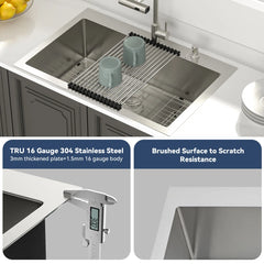 Lordear Stainless steel kitchen sink with a drying rack and measuring tool showing thickness.