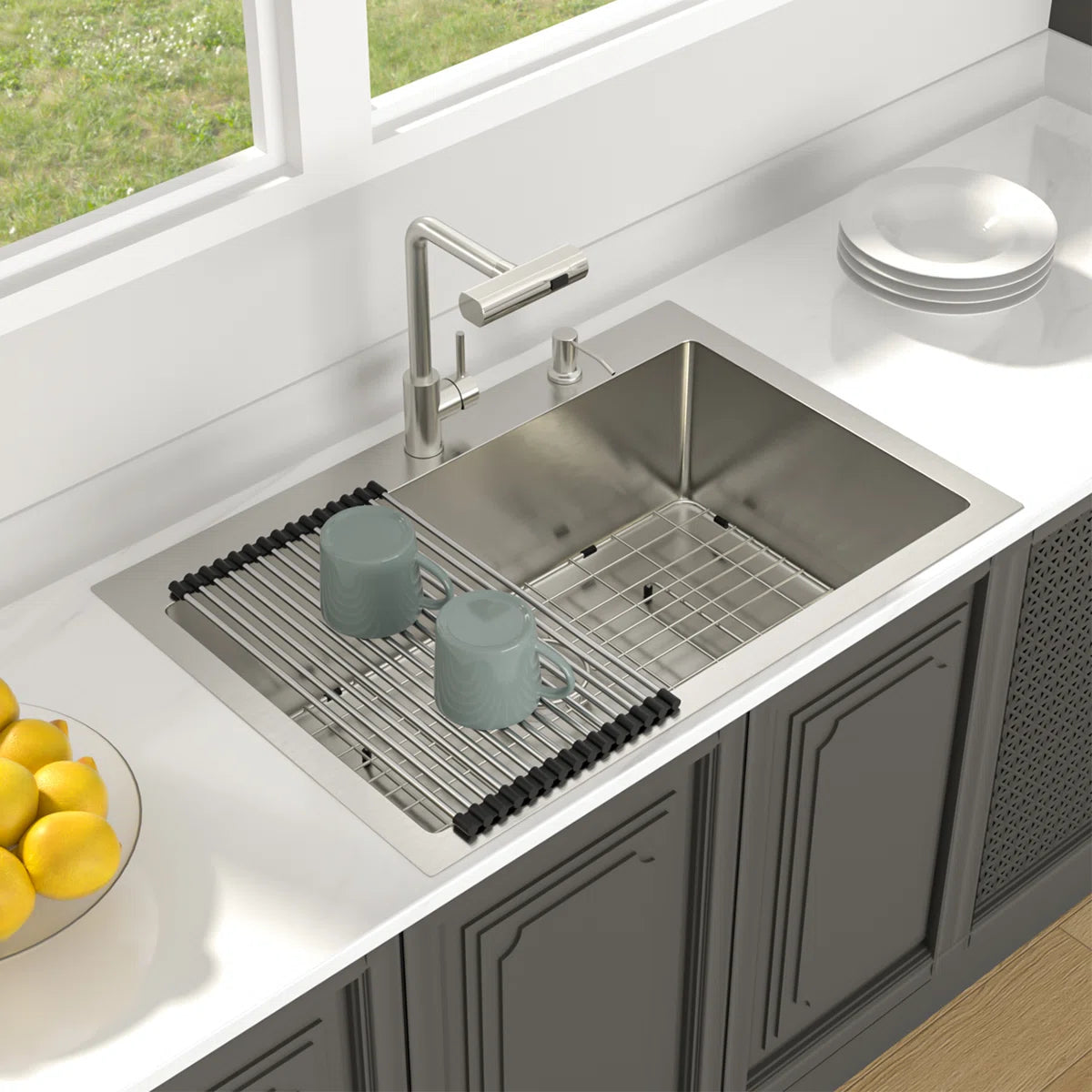 Lordear Stainless steel kitchen sink with a faucet and rolling rack on a white countertop.