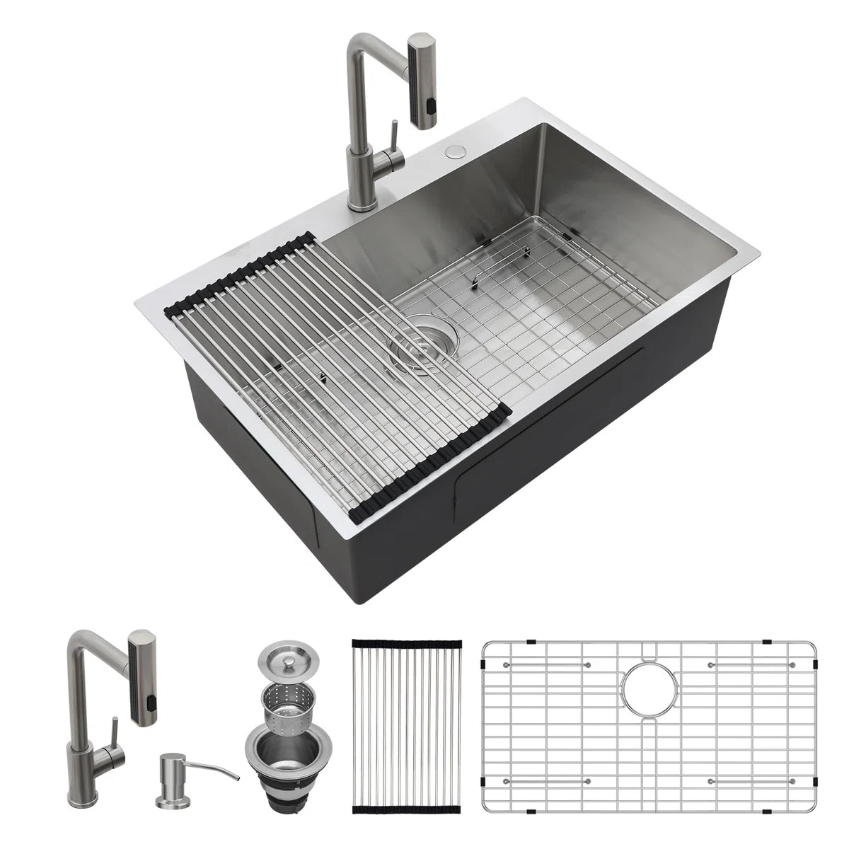 Lordear Stainless steel kitchen sink with faucet, drain, and grid on a white background