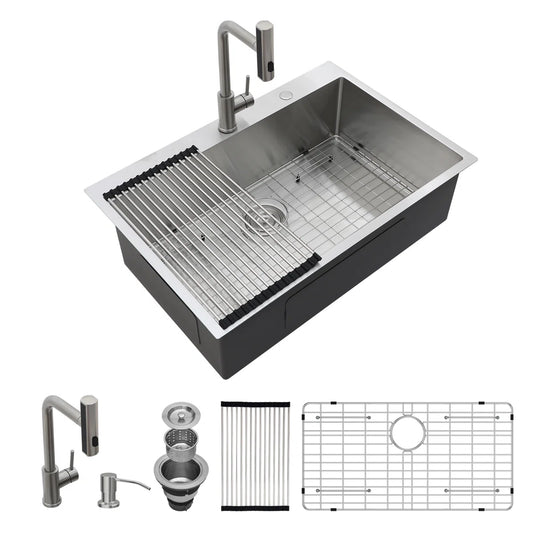 Lordear Stainless steel kitchen sink with faucet, drain, and grid on a white background