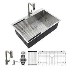 Lordear Stainless steel kitchen sink with faucet, drain, and grid on a white background
