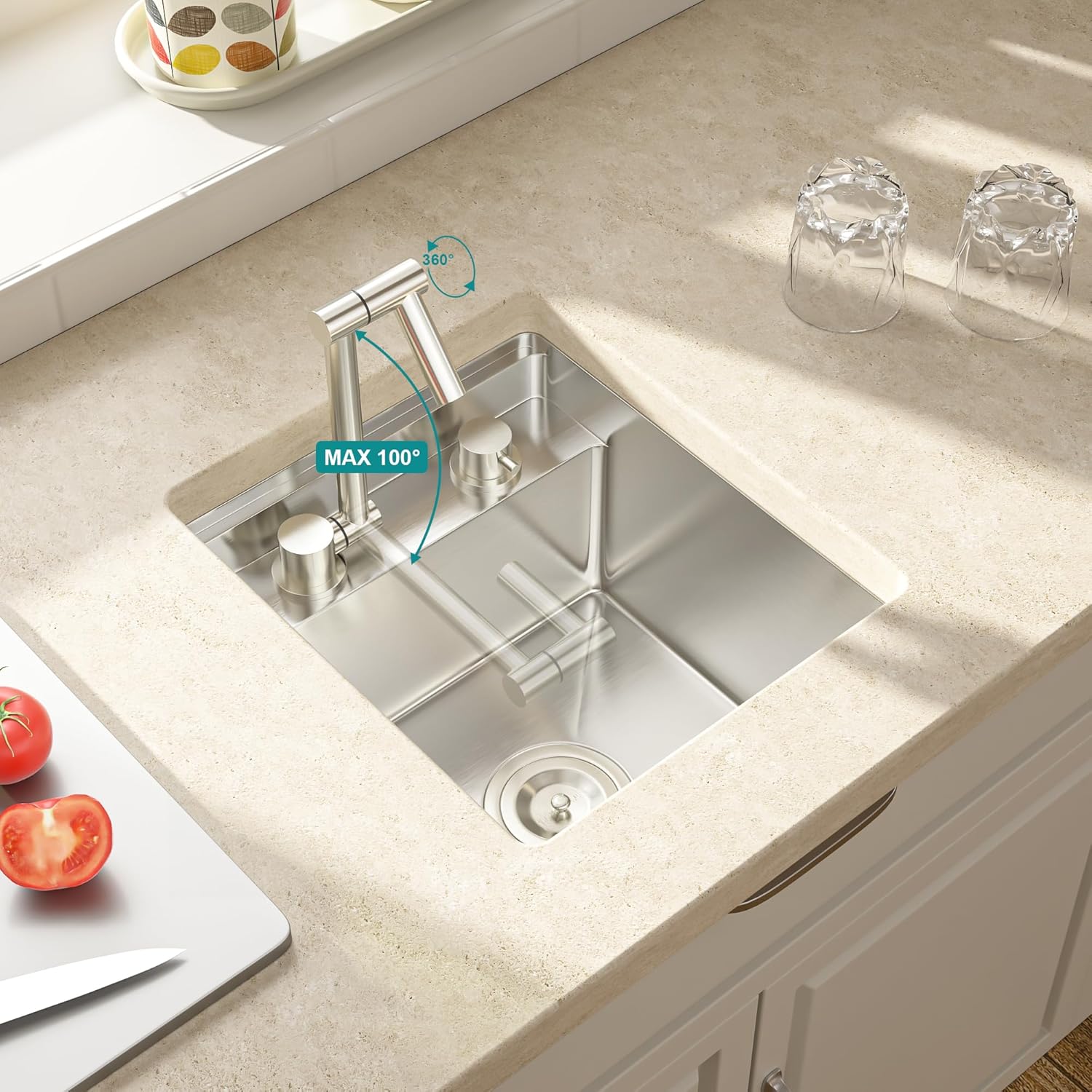 Lordear Stainless steel kitchen sink with faucet on a light-colored countertop