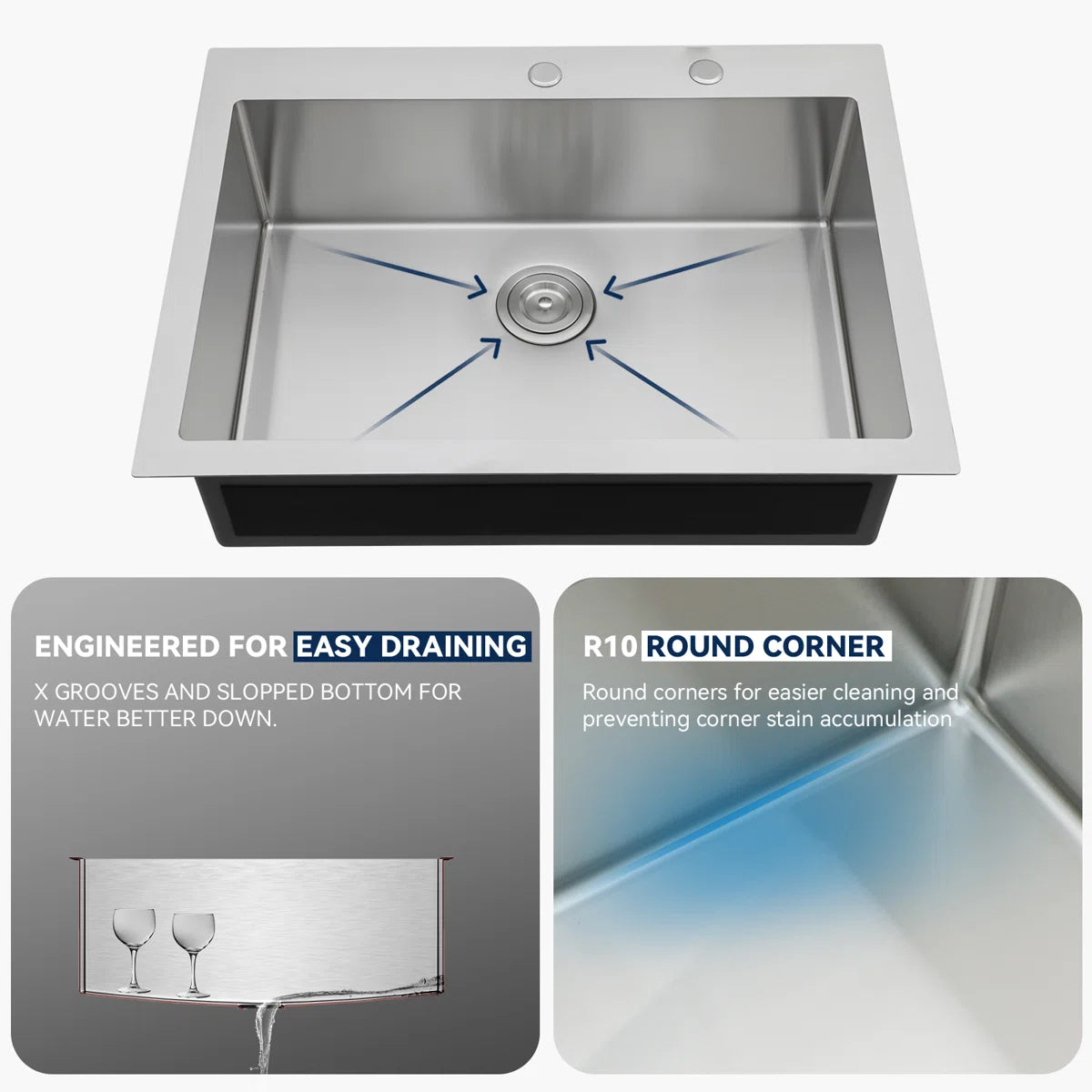 Lordear Stainless steel kitchen sink with features highlighted on a white background