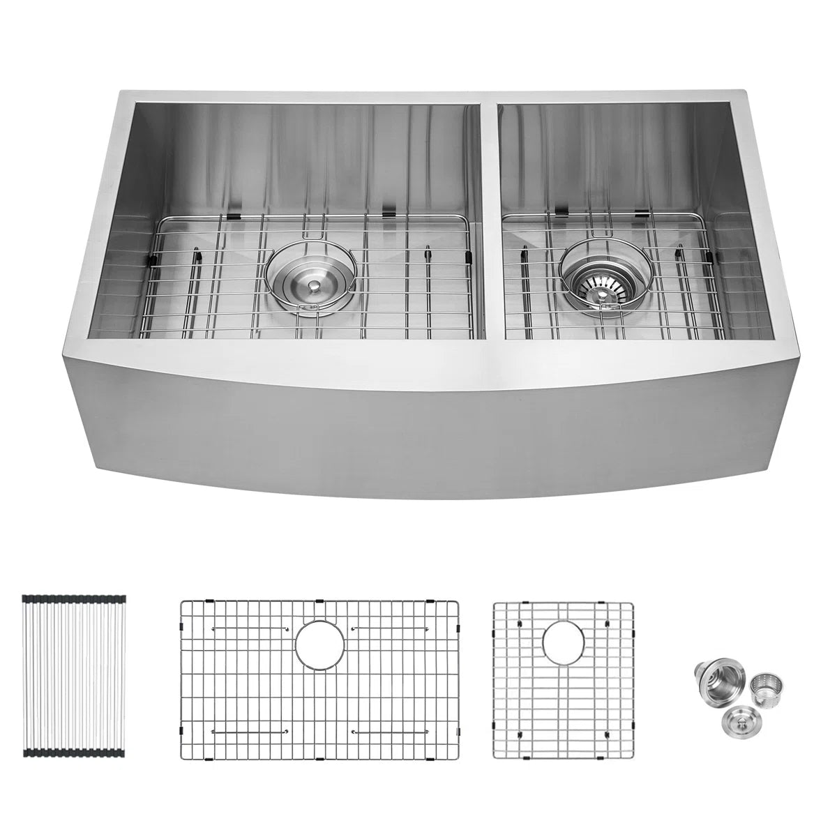 Lordear Stainless steel kitchen sink with grid and drain components on a white background