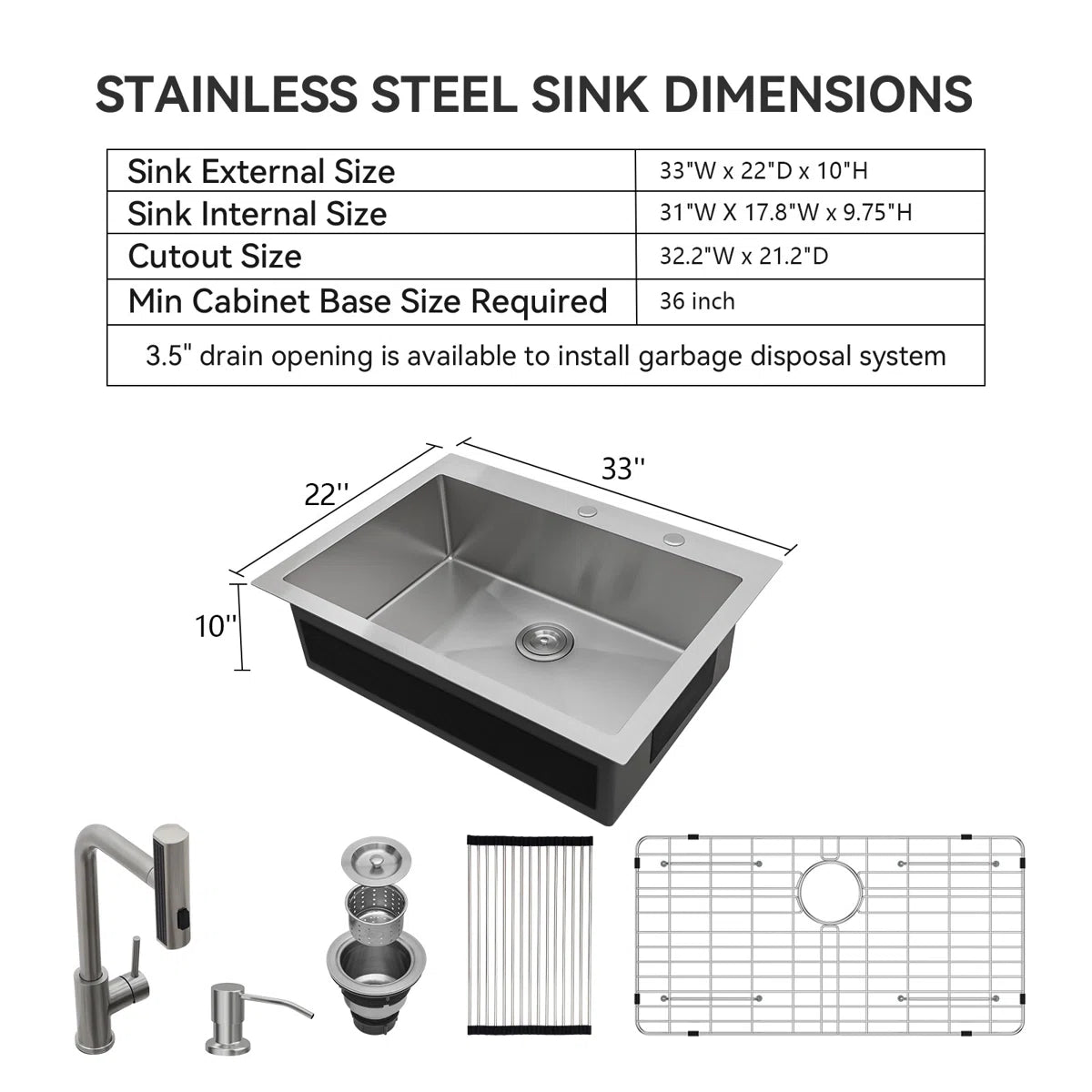 Lordear Stainless steel sink dimensions with accessories on a white background