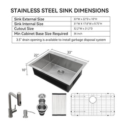 Lordear Stainless steel sink dimensions with accessories on a white background