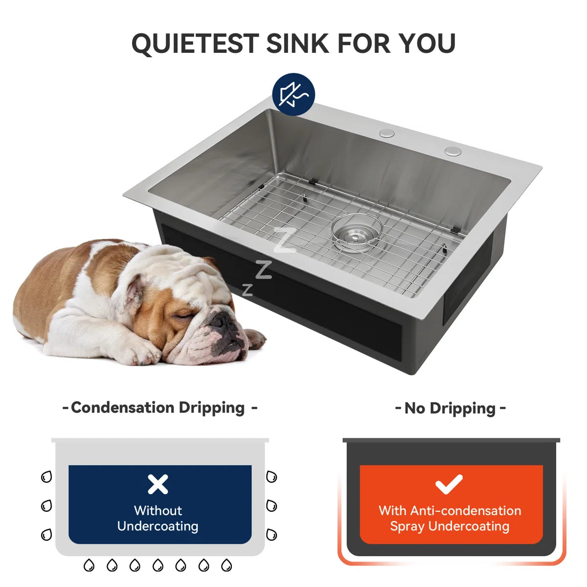 Lordear Stainless steel sink with a dog lying next to it, highlighting the anti-condensation feature.