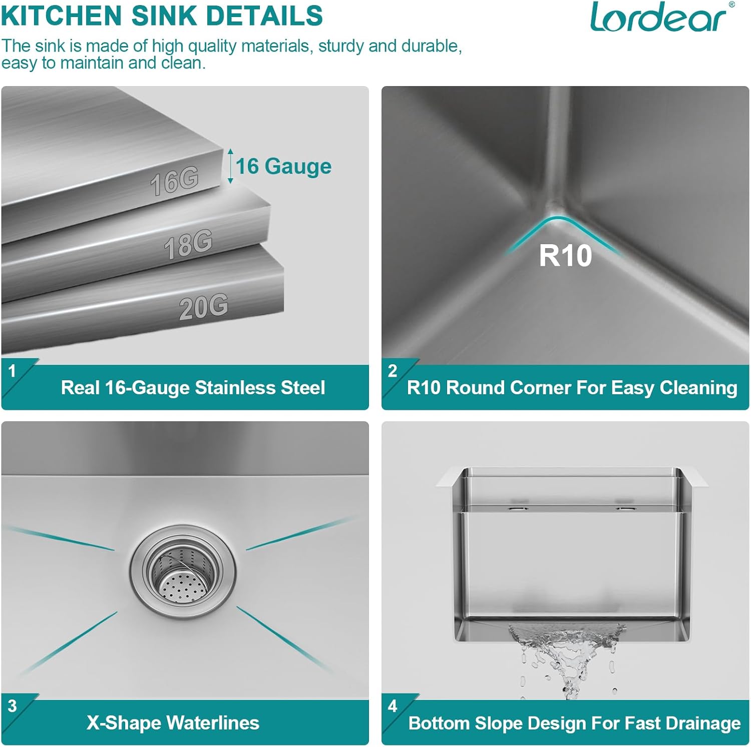 Lordear kitchen sink details with material specifications and design features on a white background.