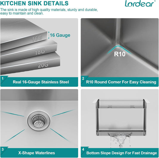 Lordear kitchen sink details with material specifications and design features on a white background.
