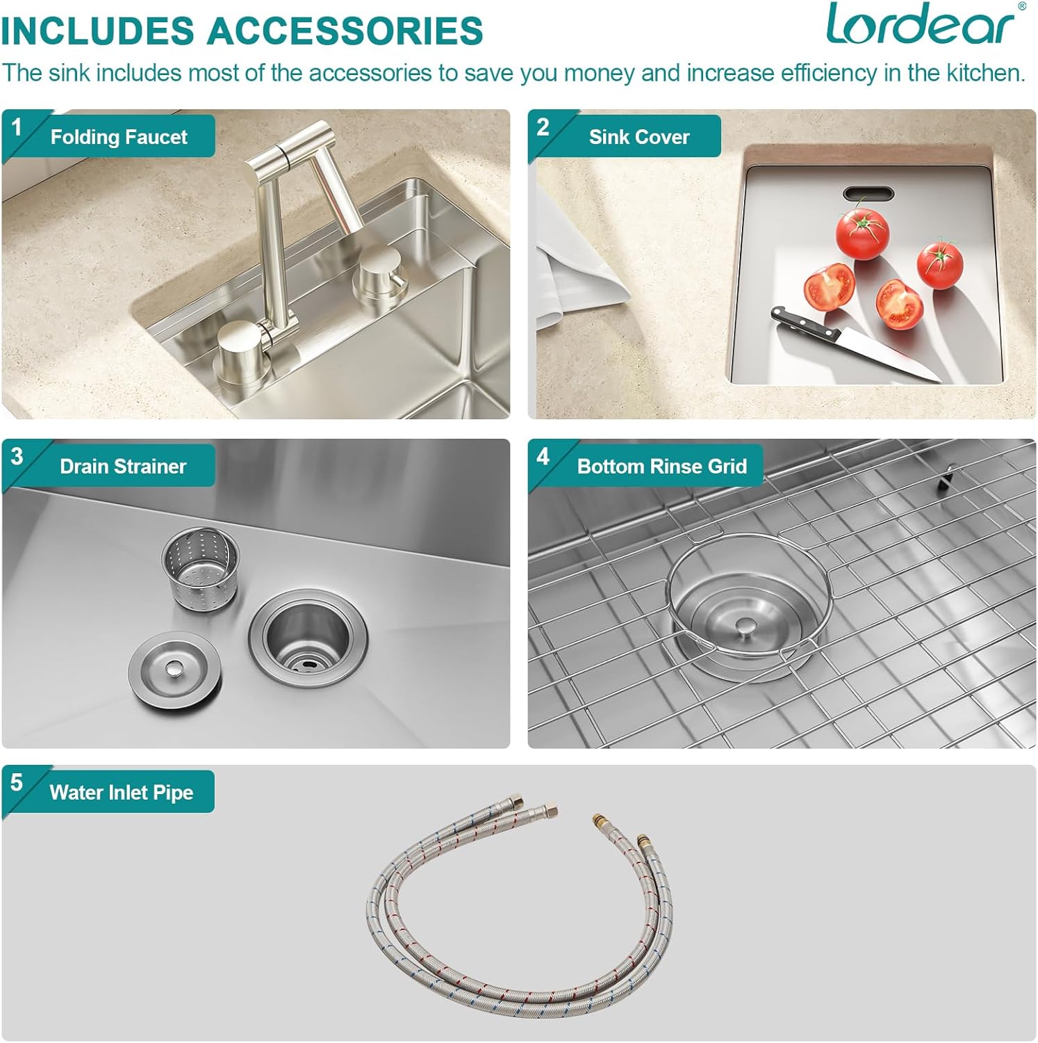 Lordear kitchen sink with accessories including a folding faucet, sink cover, drain strainer, bottom rinse grid, and water inlet pipe.