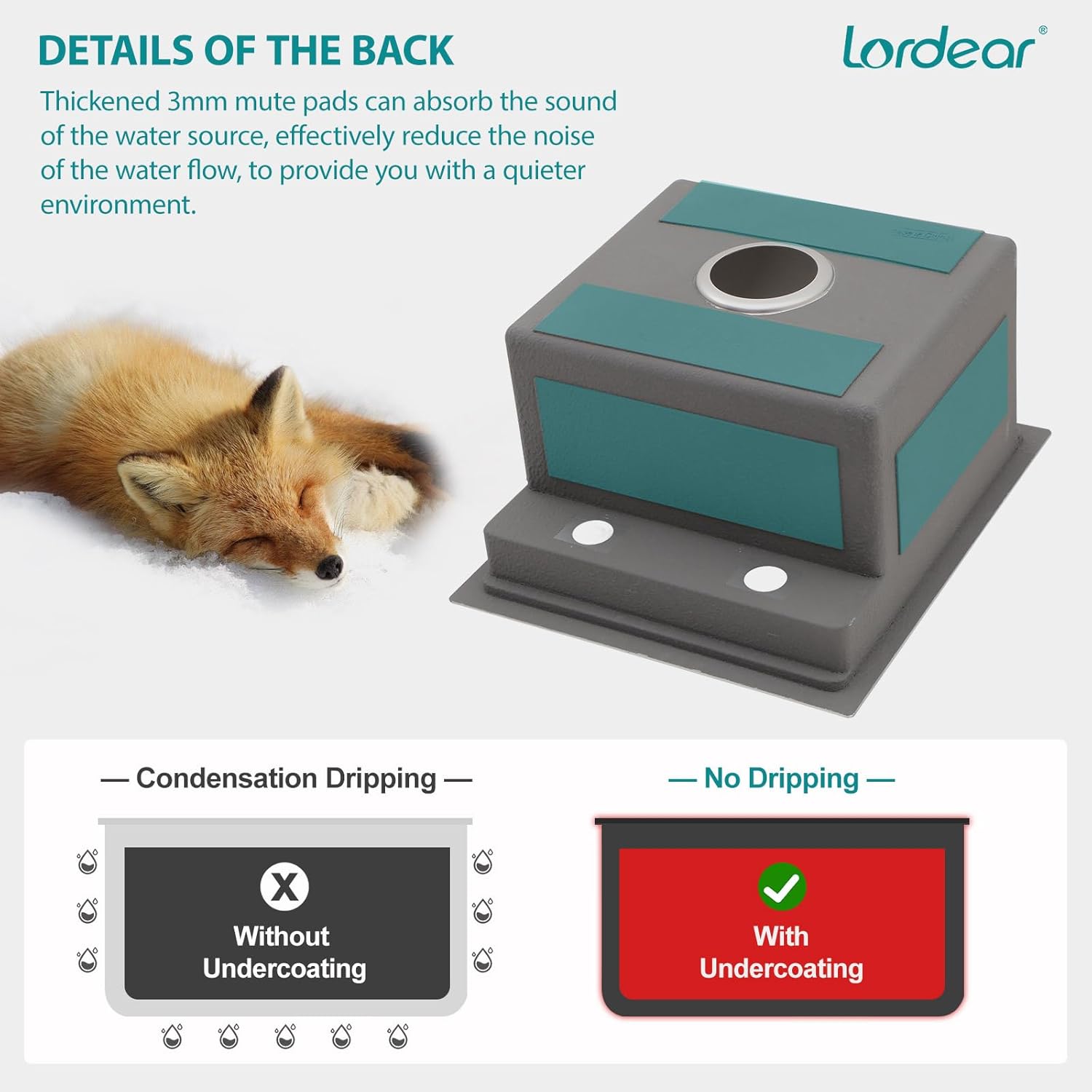 Lordear product with a fox illustration and text about noise reduction and condensation control.