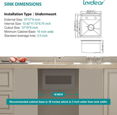Lordear sink dimensions with installation details on a kitchen counter background
