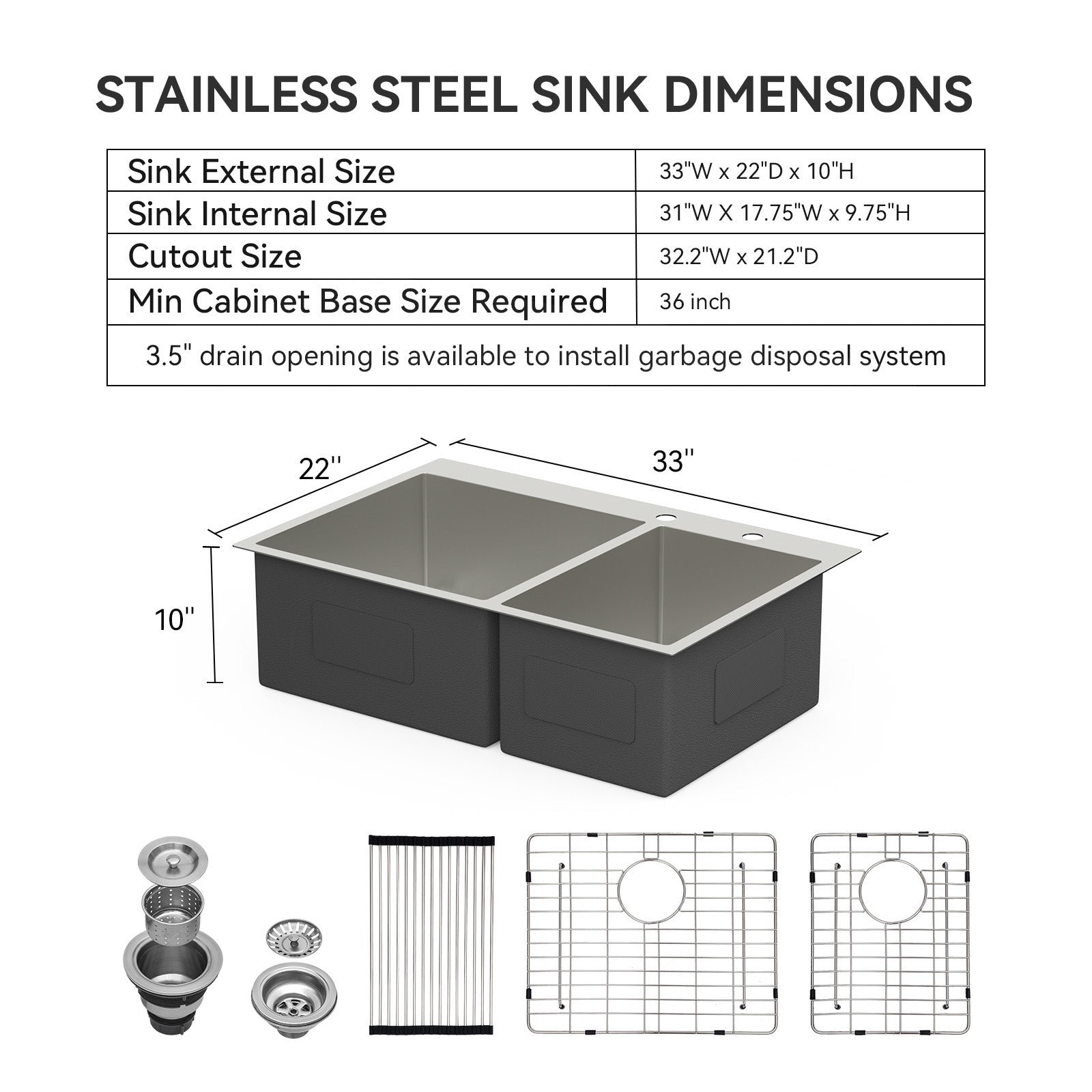 Lordear 33" Stainless Steel Drop-in Double Bowl Kitchen Sink from Lordear