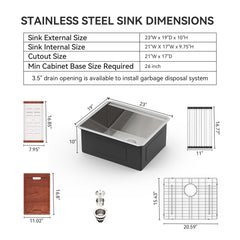 Lordear 23'' Undermount Single Bowl Stainless Steel Workstation Kitchen Sink