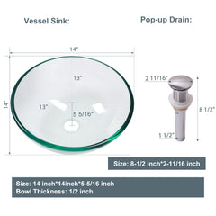 Lordear 14'' x 14'' Clear Tempered Glass Vessel Bathroom Sink with Pop-up Drain from Lordear