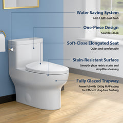 Lordear 1.1/1.6 GPF One Piece Toilet Dual Flush Elongated Toilet Floor Mounted (Seat Included)