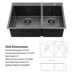 Lordear 33" Stainless Steel Gunmetal Black Double Bowl Drop-in Kitchen Sink from Lordear