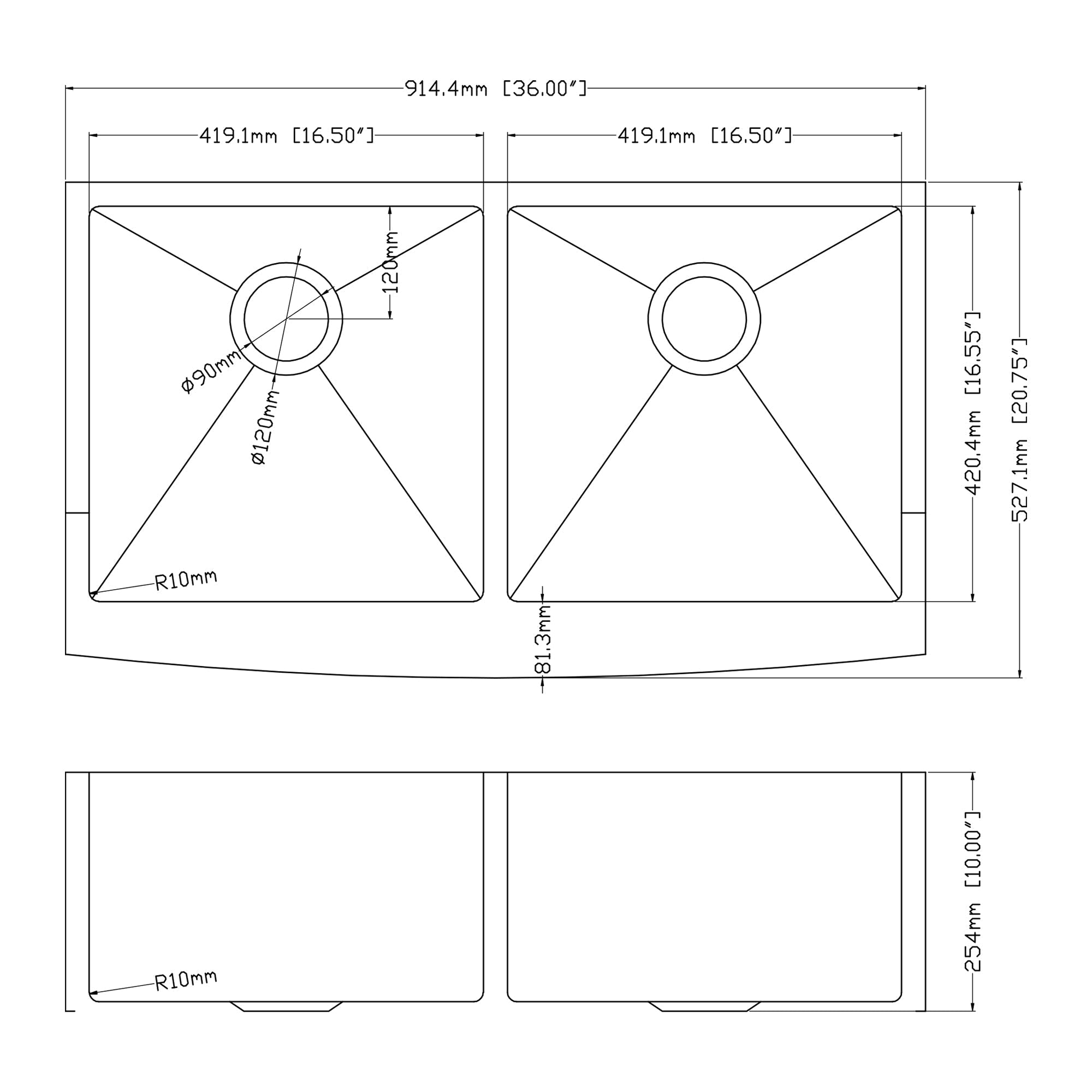 Lordear 36'' Stainless Steel Gunmetal Black Apron Front Double Bowl Farmhouse Kitchen Sink from Lordear