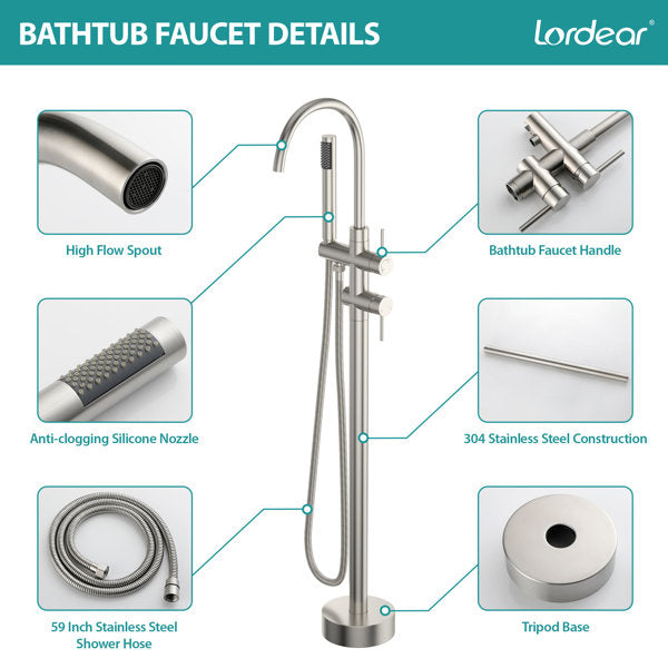 Lordear Freestanding Bathtub Faucet Floor Mount High Flow Tub Filler with Swivel Gooseneck Spout and Handheld Shower from Lordear