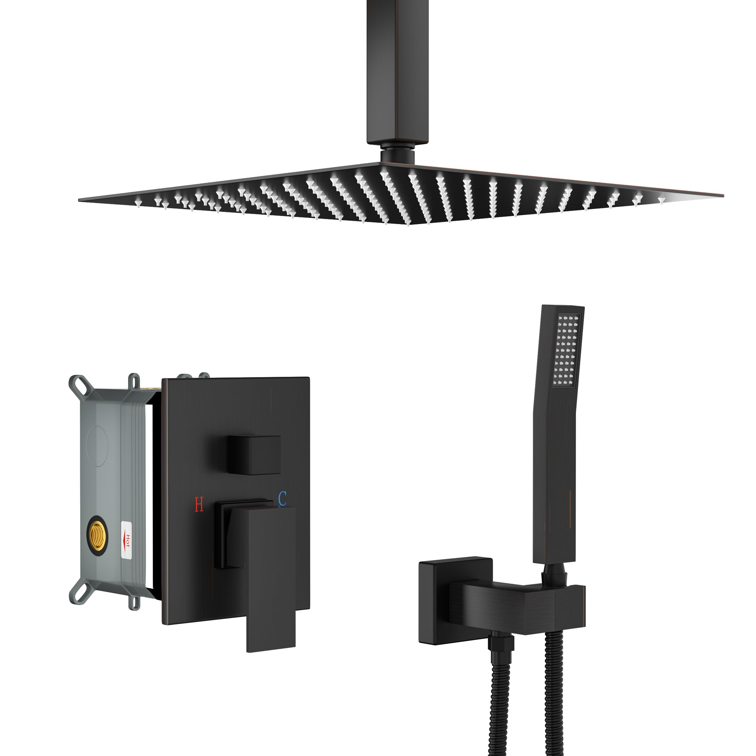 Lordear 10 Inch Ceiling Mounted Shower Faucet Set with High Pressure Shower Head and Handheld in Oil Rubbed Bronze Finish from Lordear