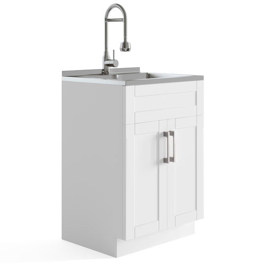 24-inch All-in-One Utility Stainless Steel Sink & Pure White Laundry Cabinet with Chrome Faucet from Lordear