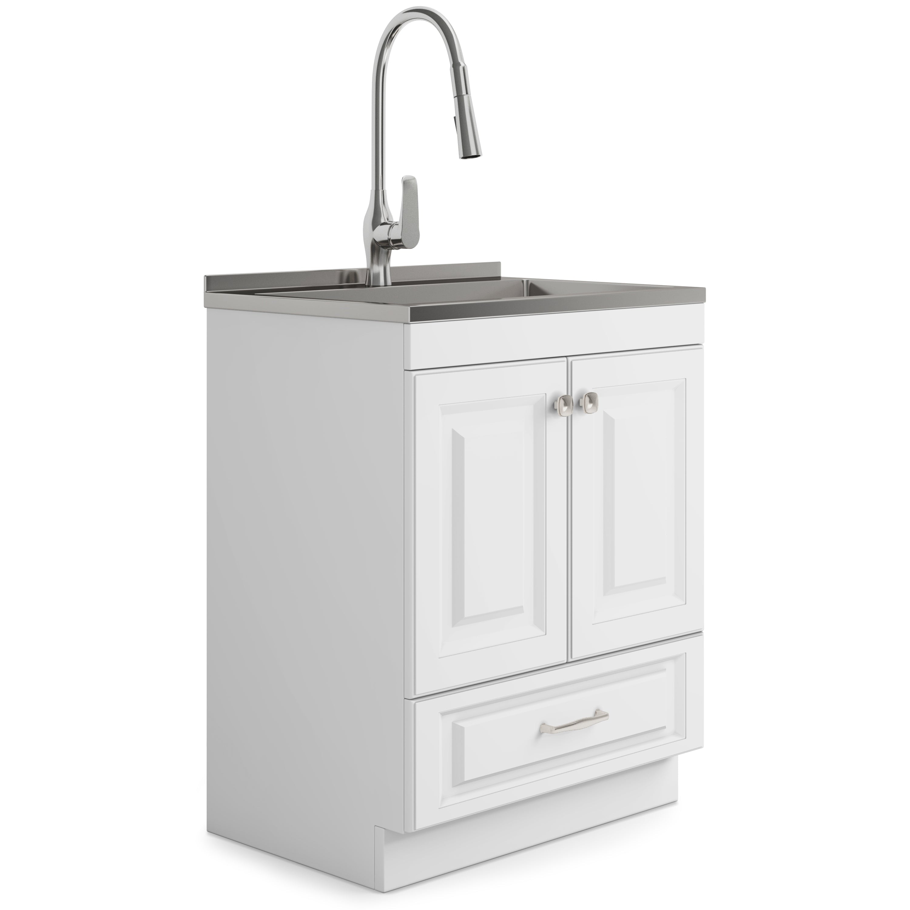 28-inch All-in-One Utility Stainless Steel Sink & Pure White Laundry Cabinet With Brushed Nickel Faucet from Lordear