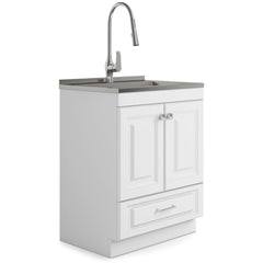 28-inch All-in-One Utility Stainless Steel Sink & Pure White Laundry Cabinet With Brushed Nickel Faucet from Lordear