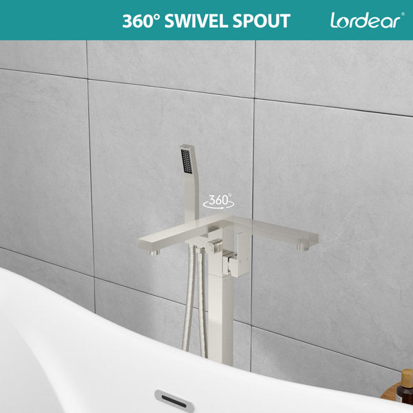 Lordear Freestanding Bathtub Faucet Floor Tub Spout with Diverter Filler Floor Mount Brass Bathroom Faucets with Hand Shower from Lordear