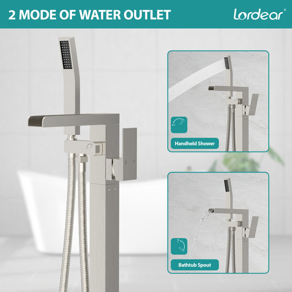 Lordear Freestanding Bathtub Faucet Waterfall Tub Filler Floor Mount Brass Bathroom Faucets with Hand Shower from Lordear