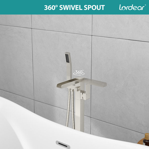Lordear Freestanding Bathtub Faucet Waterfall Tub Filler Floor Mount Brass Bathroom Faucets with Hand Shower from Lordear