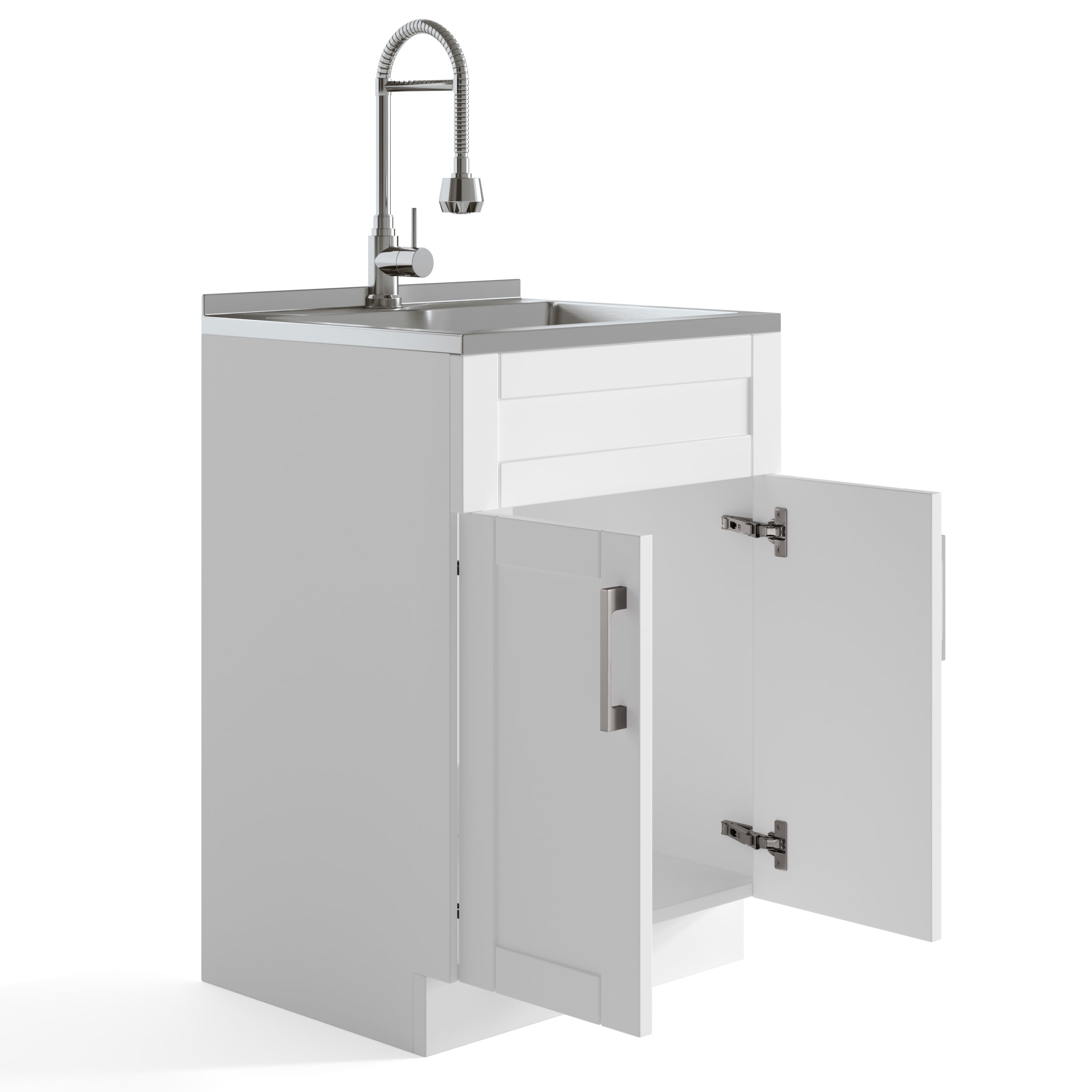 24-inch All-in-One Utility Stainless Steel Sink & Pure White Laundry Cabinet with Chrome Faucet from Lordear