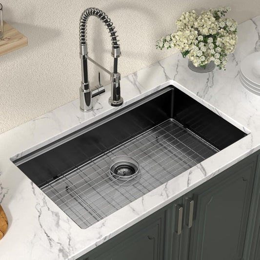 Lordear Black Undermount Single Bowl Stainless Steel Workstation Kitchen Sink