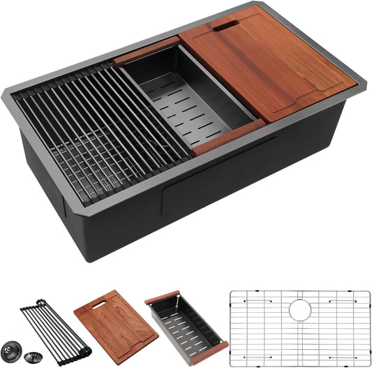 Lordear Black Undermount Single Bowl Stainless Steel Workstation Kitchen Sink