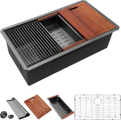 Lordear Black Undermount Single Bowl Stainless Steel Workstation Kitchen Sink