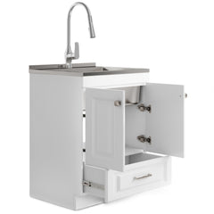 28-inch All-in-One Utility Stainless Steel Sink & Pure White Laundry Cabinet With Brushed Nickel Faucet from Lordear