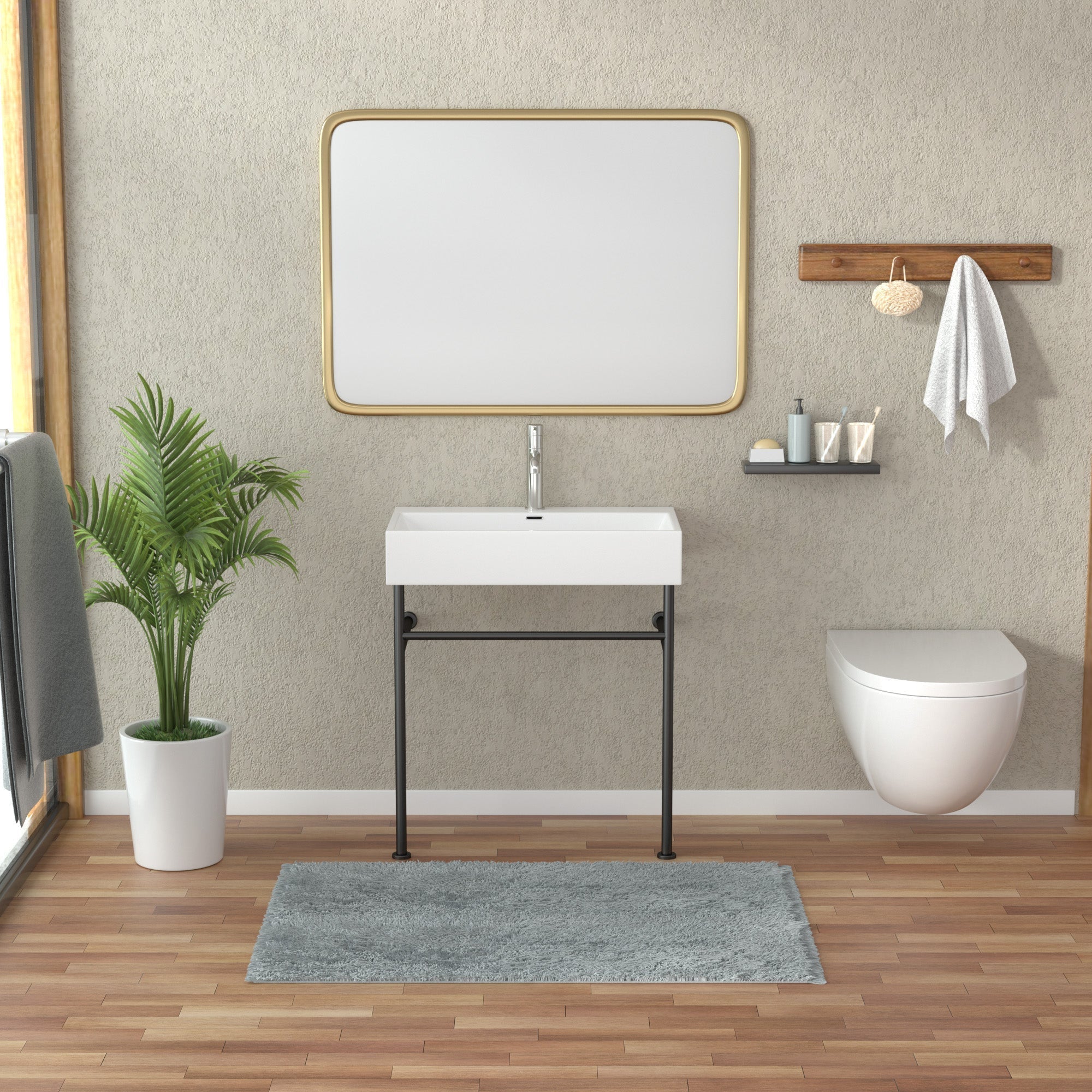 Lordear Ceramic Wall Mount White Single Bowl Bathroom Sink with Metal Legs  from Lordear