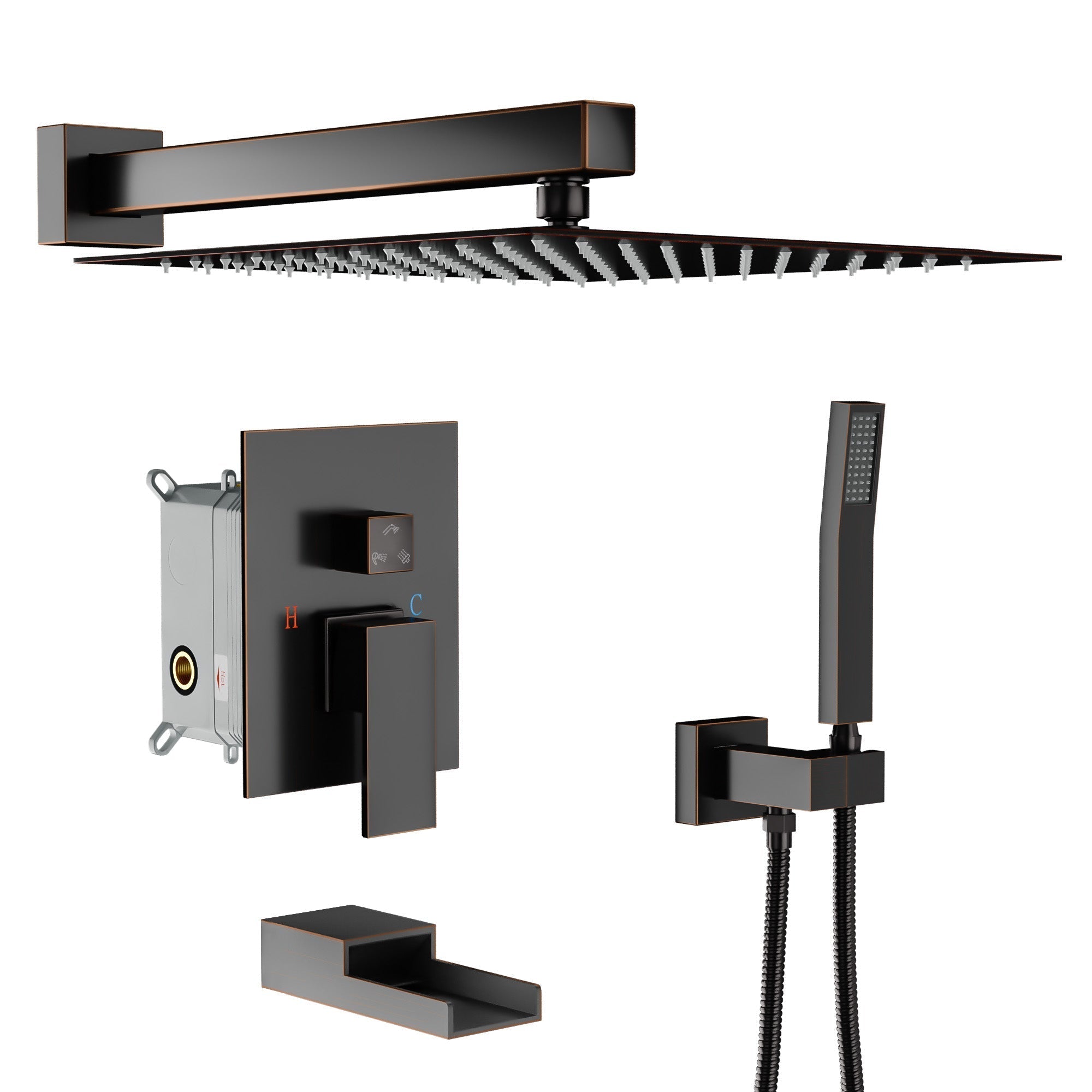 10 Inch Rainfall Square Shower Head System with Shower and Waterfall Faucet Wall Mounted in ORB from Lordear