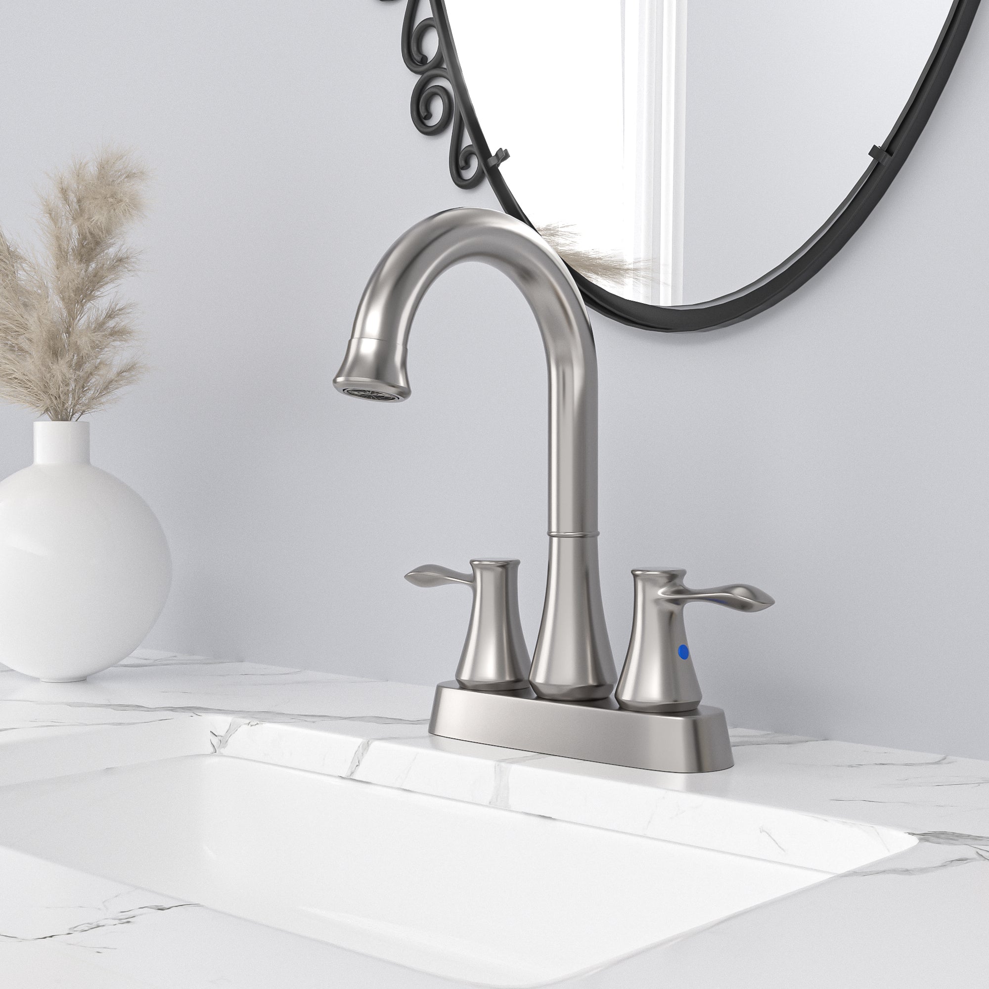 Lordear Brass Brushed Nickel Dual Handle Bathroom Faucet with Pop-Up Drain And Water Hoses from Lordear