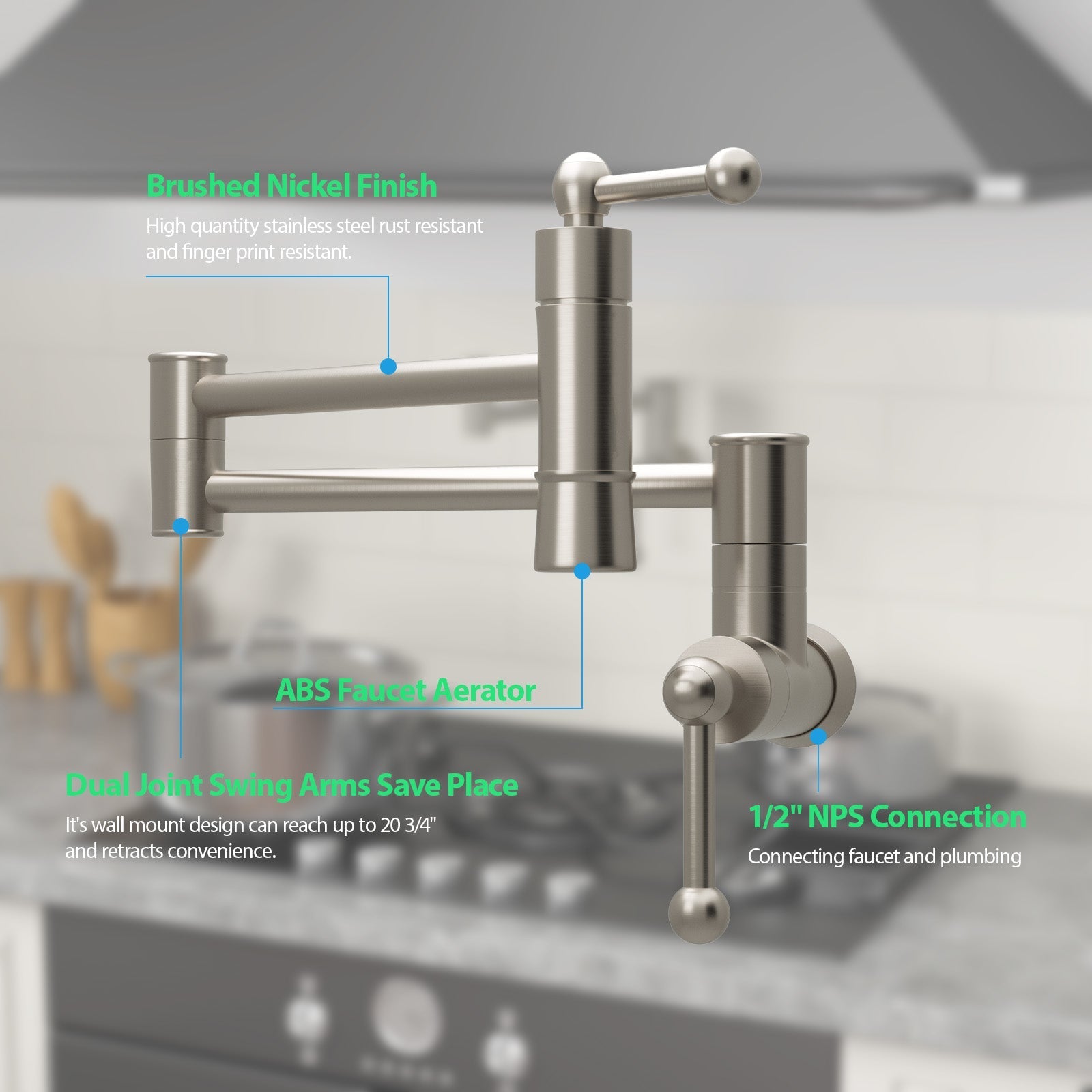 Pot Filler Faucet Solid Brass Wall Mounted in Brushed Nickel from Lordear