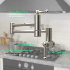 Pot Filler Faucet Solid Brass Wall Mounted in Brushed Nickel from Lordear