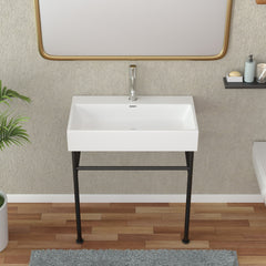 Lordear Ceramic Wall Mount White Single Bowl Bathroom Sink with Metal Legs  from Lordear