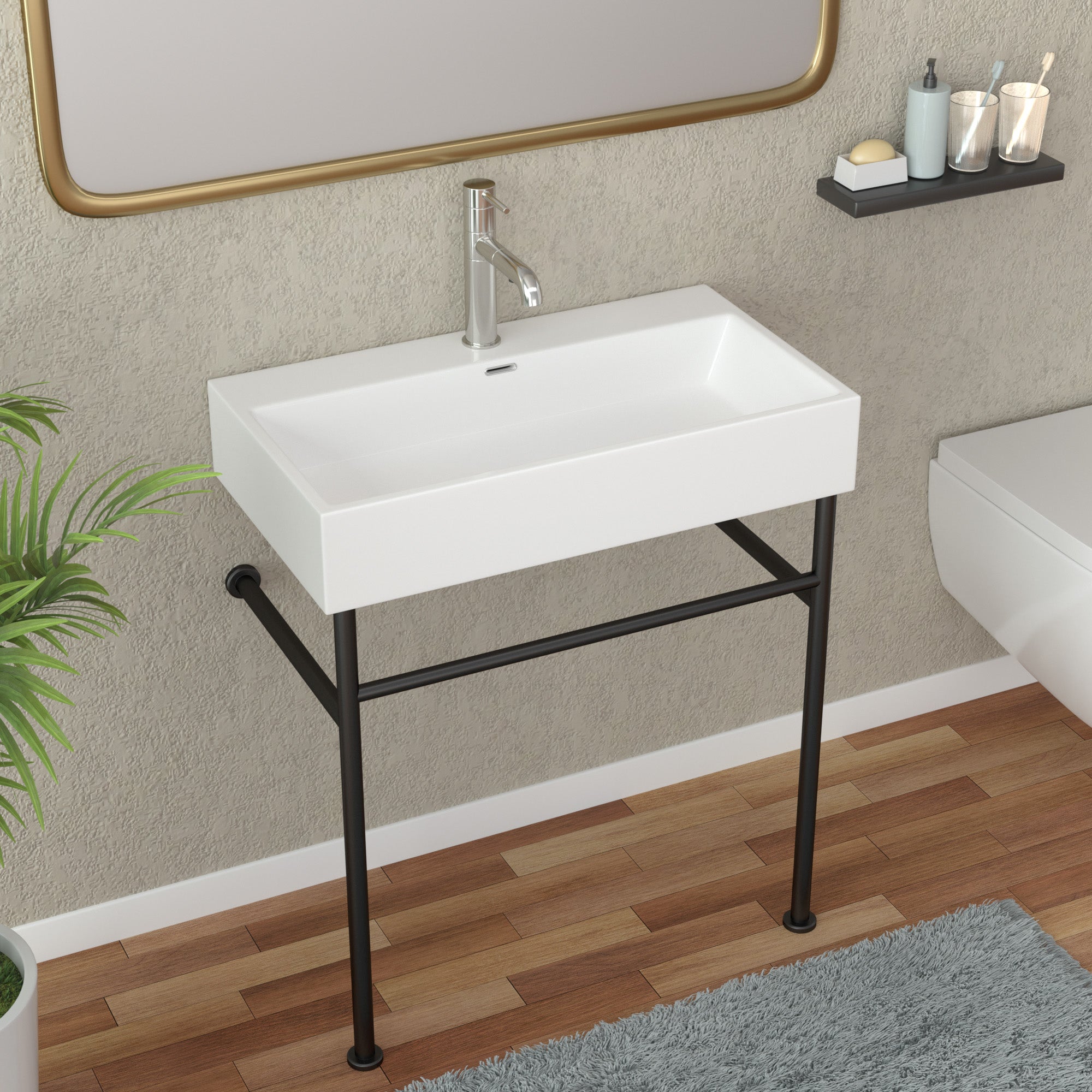 Lordear Ceramic Wall Mount White Single Bowl Bathroom Sink with Metal Legs  from Lordear
