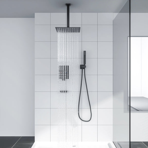 12 Inch Square Rainfall Shower Head System with Handheld Shower and Linear  Faucet Ceiling Mounted