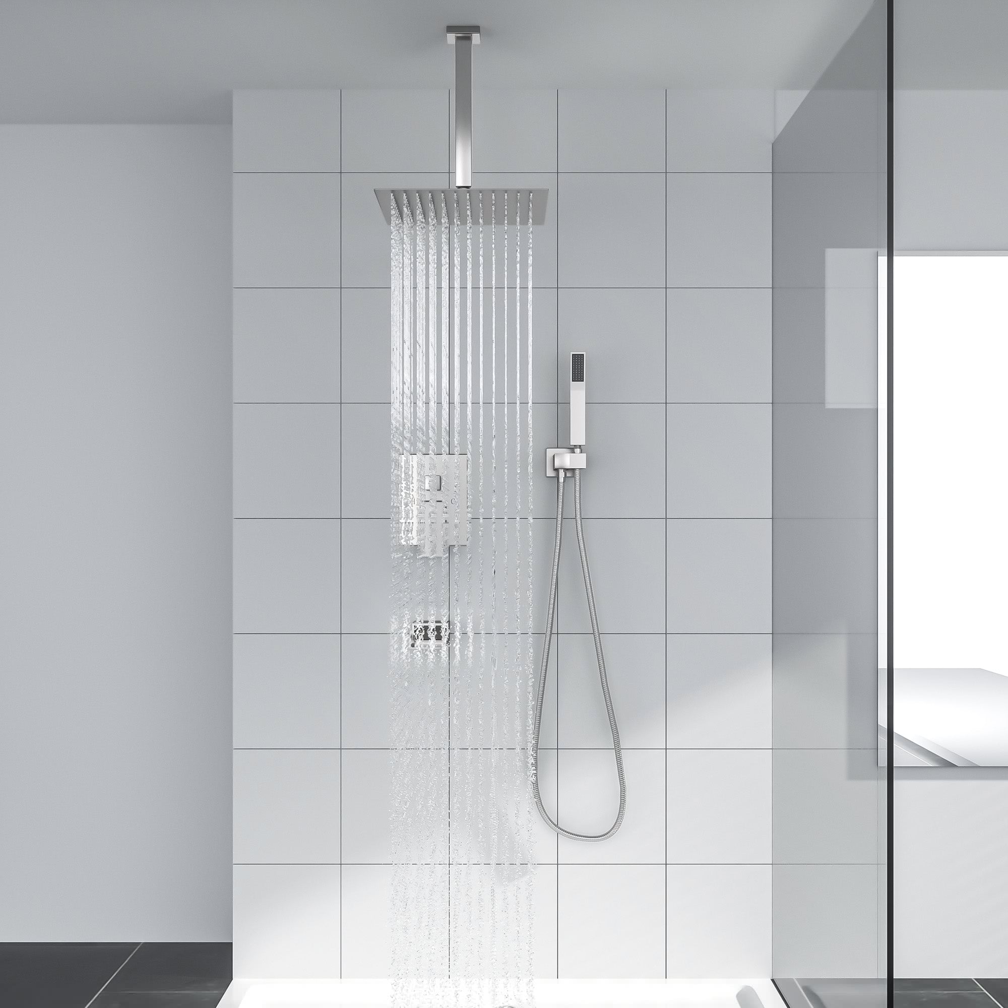 Lordear Stainless Steel Ceiling Mounted Rainfall Shower Head System with Waterfall Faucet from Lordear