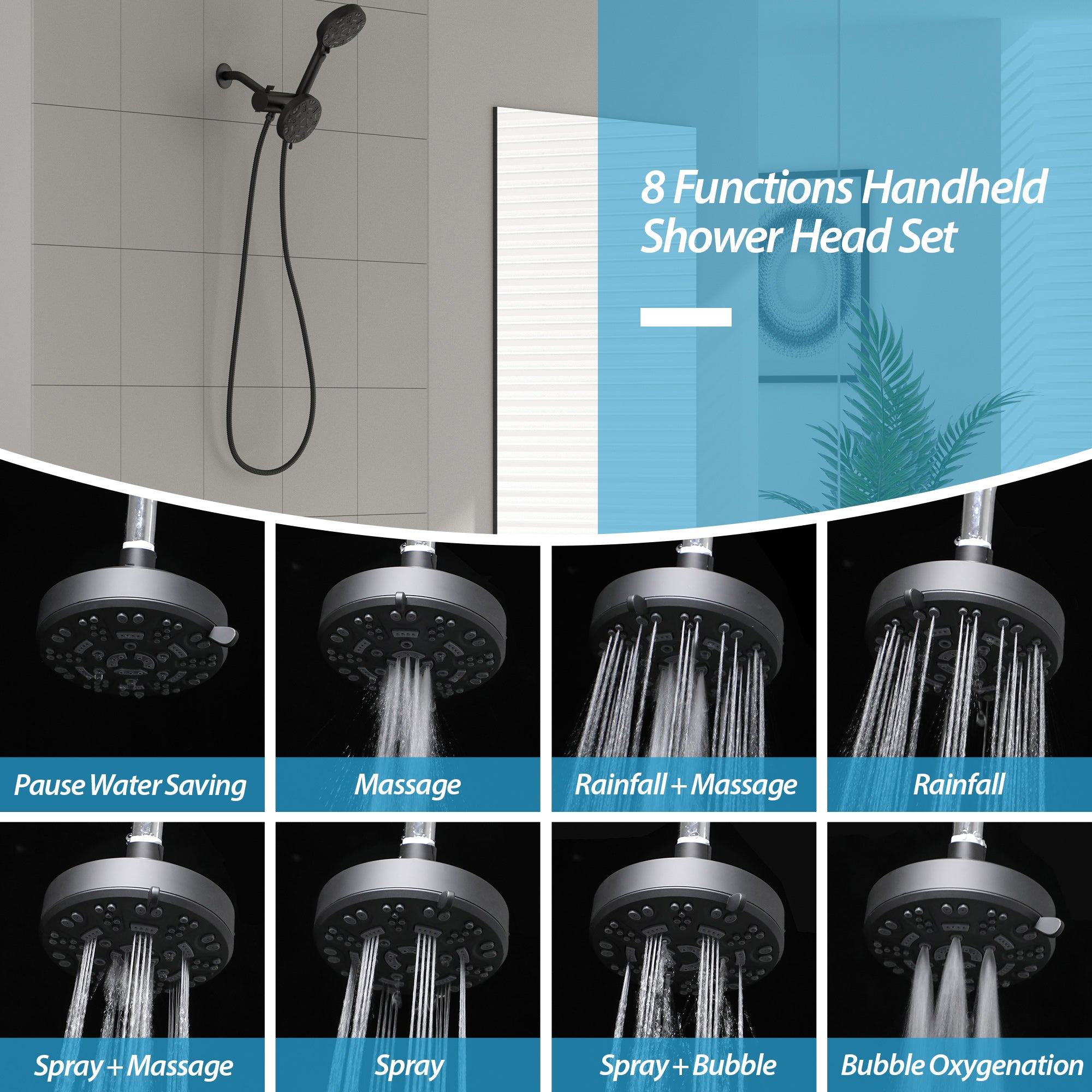 Lordear 5" Stainless Steel Wall Mounted Matte Black Rainfall Round Dual Head Shower Head from Lordear